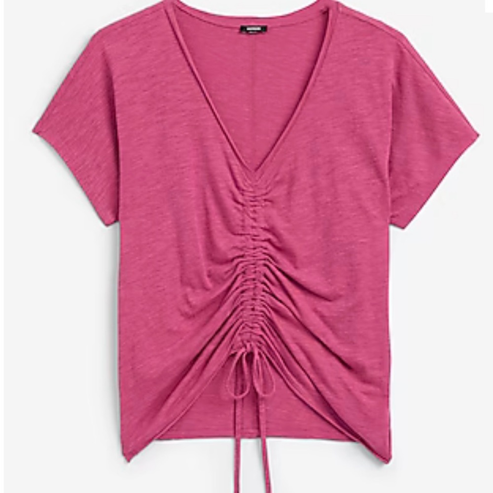 Express V-Neck Short Sleeve Ruched Tie Front Tee Size M Color Fuchsia  NWT